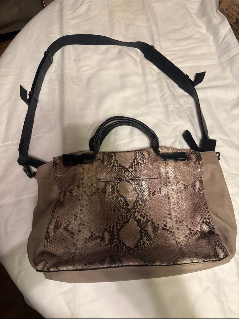 Snake-Print Satchel Tote in Taupe and Black